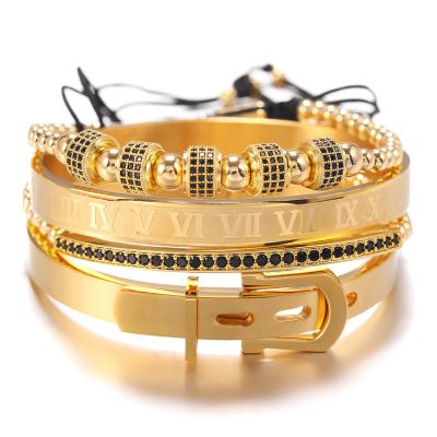 China Hot Sale Cuban Roman Men's Luxury Belt Jewelry 4Pcs/Set Handmade Copper Bead Micro Pave Steel CZ Ball Crown Braiding Bracelet for sale