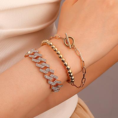 China 3pcs/set Hip Hop Chunky Cuban Link Bracelet Jewelry 14K Environmental Friendly Gold Crytal Rhinestone Links Bracelets Set For Women for sale