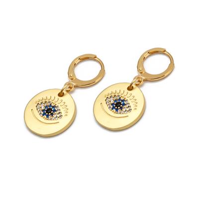 China Bohemia Environmental Friendly Wholesale Rhinestone Fashion Blue Evil Eyes Earrings 18K Gold Plating Evil Eyes Round Charm Zircon Women Drop Earrings for sale