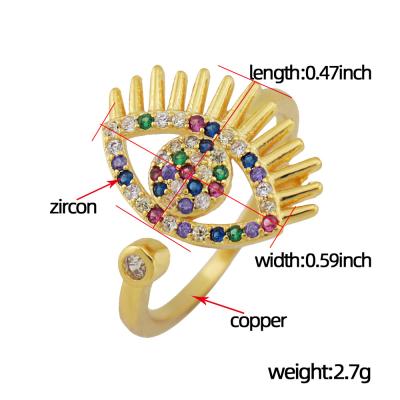 China Real 2021 Evil Eye Copper Rings Gold Plating Environmentally Friendly Colorful Gemstone Fahion Crystal Rings Luxury Adjustable For Women Unisex for sale