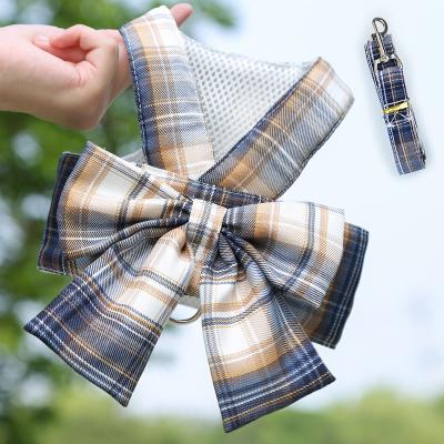 China 2022 New Design Beautiful Fashion Plaid Pet Dress Designer Fashion Plaid Pet Bow Dog Harness Stocked Vest Clothes With Leash for sale