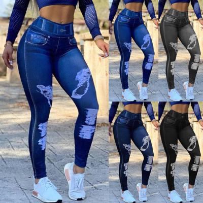 China Yoga-Strumpfhosen-Gamaschen-Jean Yoga Pants High Waist-Faux-Denim-Ausdehnungs-Bleistift-Einen Tiefstand erreichen zufällig zu verkaufen