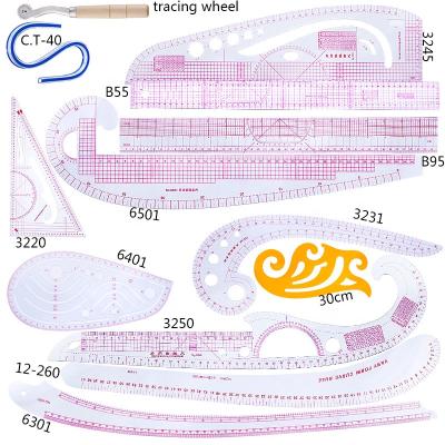 China CZ-07 Plastic Labor Scale Sewing French Curve Ruler Set Ruler Tailor Sewing Scale Ruler With Tracing Wheel for sale