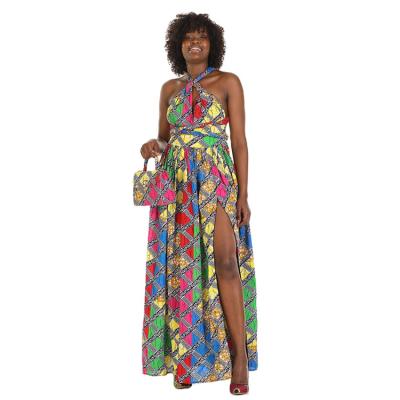 China Cotton Women Bridesmaid Dresses Colorful Sexy African Infinity Maxi Dress Handbag Bonnet Wax Print Set for sale