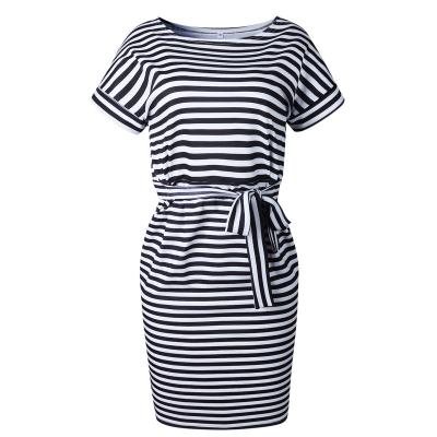 China Anti-Static Women's Summer Tie Waist Striped T-shirt Women's Short Sleeve Stylish Casual Wear With Pockets for sale