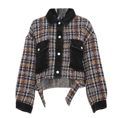 China Anti-wrinkle fashion Autumn Denim Plaid Long Sleeve cotton padded patchwork winter new coated loose fitting women parkas for sale