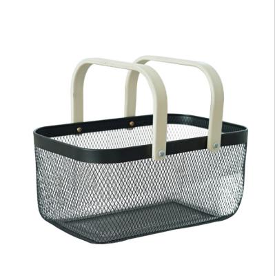 China Durable Wooden Portable Handle Metal Mesh Basket Vegetable and Fruit Storage Basket Bathroom Household Storage Basket for sale