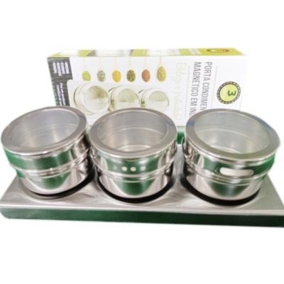 China Sustainable Fruit and Vegetable Tools 3pcs/set with Stand Stainless Steel Spice Containers Tins Magnetic Spice Jars with Metal Wall Base for sale