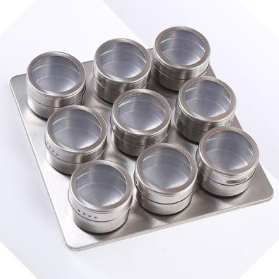 China Sustainable 9pcs Magnetic Spice Jars With Labels Stainless Steel 100ml Spice Storage Jars GRILL Spice Storage Containers With Lids for sale