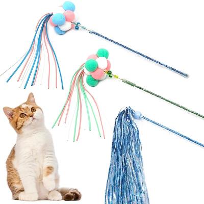 China Funny Viable Fairy Colorful Feather Wool Ribbon Ball Wool Stick Cat Toy Cat Toy Cat Stick for sale