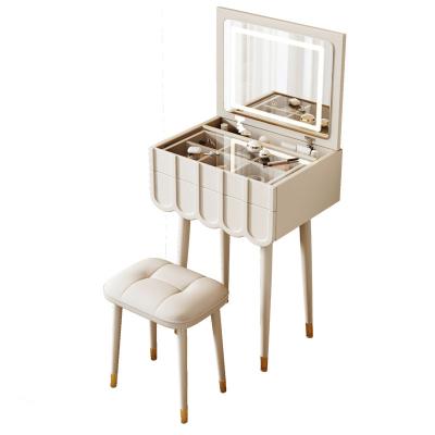 China Modern Simple White Bedroom Dressing Table Foldable With LED Light Illuminated Stool Mirror Wooden Makeup Table Set for sale