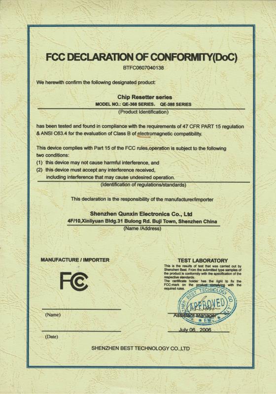 FCC DECLARATION OF CONFORMITY - SHENZHEN QUNXIN ELECTRONICS CO., LTD