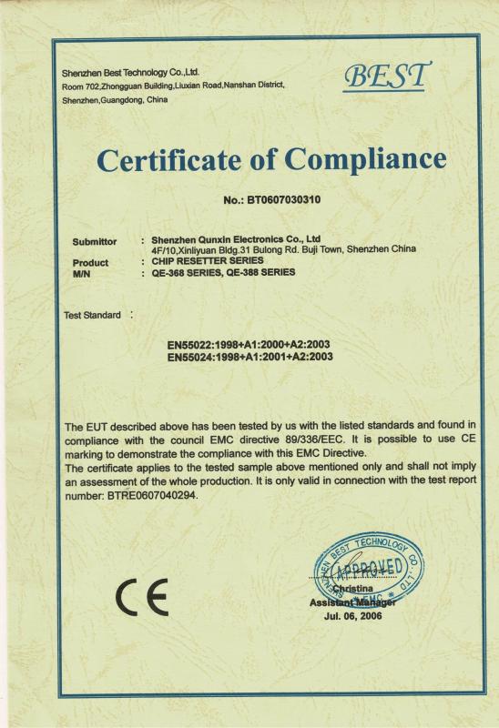 Certificate of Compliance - SHENZHEN QUNXIN ELECTRONICS CO., LTD