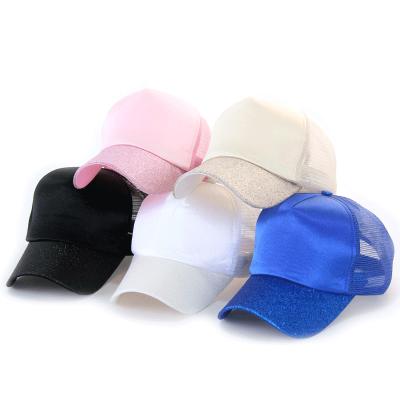 China 2021 Hot Selling Shiny Mesh Girls Covers Hats Bulk Mesh Satin Plain Glitter Trucker Hat COMMON Girls Ready To Ship for sale