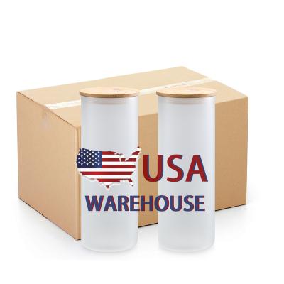 China Sustainable USA Warehouse Wholesale Custom Logo 25oz Blanks Clear Frosted Sublimation Glass Tumbler With Bamboo Lid And Straw for sale