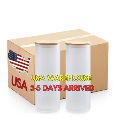 China Sustainable USA Warehouse 25oz Skinny Straight Clear Frosted Sublimation Glass Tumbler Beer Can Mason Jar With Bamboo Lid for sale