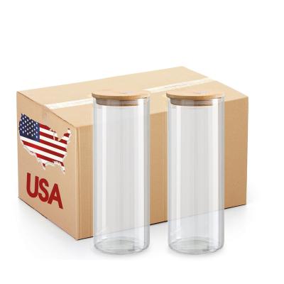 China Sustainable Frosted Clear 25oz Straw Blanks Sublimation Tumbler Beer Shaped Glass Bottle Soda Can Tumbler with Bamboo Lid for sale