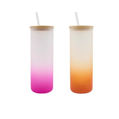 China Sustainable USA Warehouse Stocked 25oz Colored Gradient Frosted Straight Sublimation Glass Tumbler with Bamboo Lids and Plastic Straw for sale