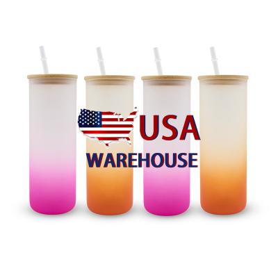 China Sustainable USA Warehouse Stocked 17oz 25oz Colored Gradient Frosted Straight Sublimation Glass Tumbler with Bamboo Lids and Plastic Straw for sale