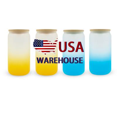 China Sustainable USA Warehouse Sublimation Glass Can 16oz Blank Sublimation Straight Ombre Color Gradient Frosted Beer Glass Can Wiht Bamboo Lid for sale