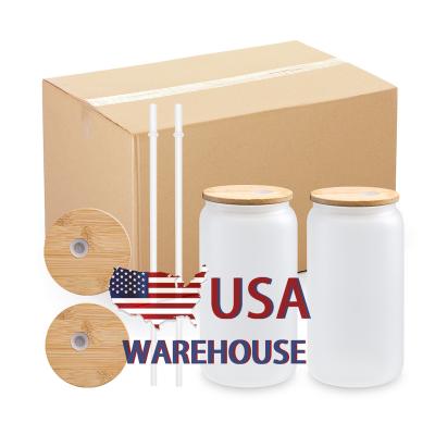 China Sustainable US Stocked 12oz 16oz Frosted Clear Soda Juice Can Shaped Sublimation Beer Can Glass With Bamboo Lid And Straw for sale