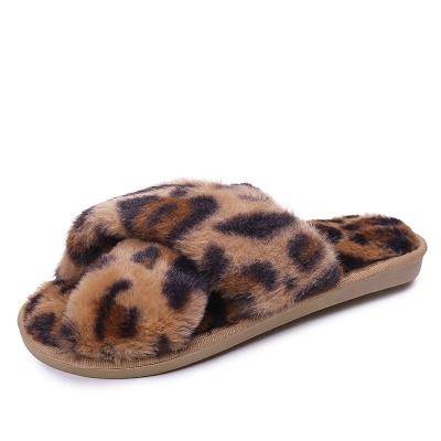 China Wholesale Disposable Soft Faux Rabbit Fur Open Toe Striped Slippers Plush Cross Fur Flat Indoor Outdoor Indoor Slipper For Woman for sale