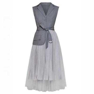 China New Sleeveless Anti-Static Summer Suit Collar Belt Waist Stitching Mesh Elegant Long Dresses for sale