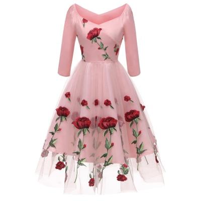 China Hot Selling Rose Embroidered Mesh Ladies Evening Dress Handmade Bridesmaid Dress Anti-Static for sale