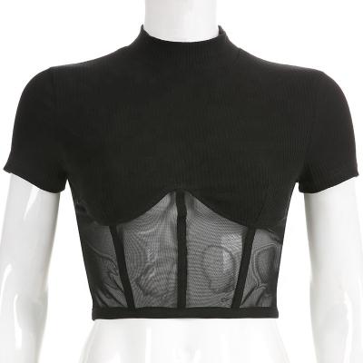 China Small Anti-Shrink Turtle Neck Stitched Umbilical Sexy Slim Fit Mesh Top Shirt for sale