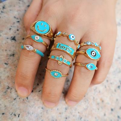 China Wholesale Card Woman Fashion Brass Gold Plated Evil Eyes Ring Jewelry Resizable Enamel Turkish Eye Rings for sale