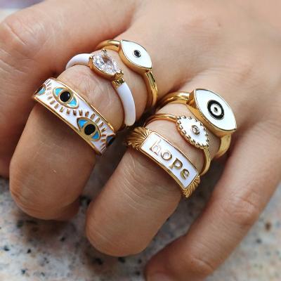 China 2022 Card Jewelry Gold Plating CZ Fashionable Tasty Custom Adjustable Eyes Enamel Ring Evil Eye Rings For Girl for sale