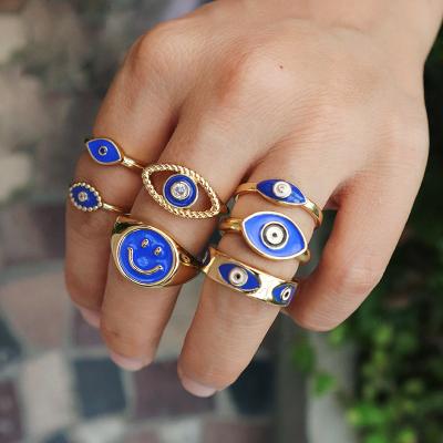 China Wholesale Fashionable Custom Jewelry Wholesale Multi Ring Women Party Blue Eyes Map Card Adjustable Color Gold Plated CZ To Enamel Evil Eyes Rings for sale