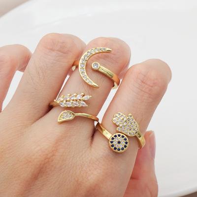 China Map Moon Hand Eyes Leaf Delicacy Finger Ring Women Jewelry Customize Fashion Gold Plating CZ Evil Eyes Adjustable Ring for sale