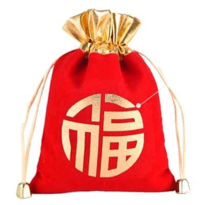 China Recyclable Hot Sale Customized Velvet Jewelry Screen Printing Lucky Bag Drawstring Velvet Single Sided Hot Stamping Bag for sale