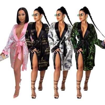 China Wholesale Breathable Sexy Silk Satin Silver Robe Kimono Printing Bathrobe Custom Luxury Pajamas For Women for sale