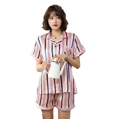 China Champagne Color Women's QUICK-DRY V-Neck Collar Turn-Down Distress Shopping Sleepwear Printing Pajamas for sale