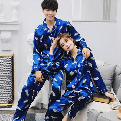 China Hot sale QUICK DRY ivory dark blue color men's blue sleepwear printed leisure home wear satin pajamas for sale