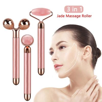 China 3 in1 Tool Roller Rose Quartz Face Eye Massager V Shape Face Lift Skin Care Face Lift Kit Beauty Bar for sale