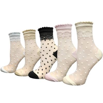 China Women Antibacterial Summer Low Price Lace Transparent Thin Elastic Socks Crystal Glass Silk Sheer Short Stockings Socks for sale