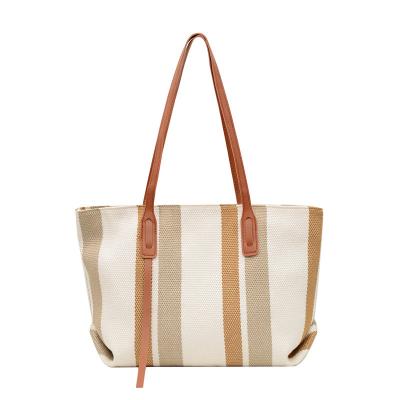 China Large Capacity Simple Striped Canvas Shoulder Bag Handbag Ladies Anti-theft Mom Bag Fashion Soft Women's Casual Satchel for sale