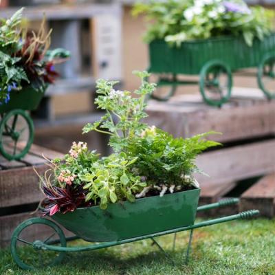 China Eco-friendly outdoor garden model wheel decoration handcraft wheelbarrow planter zic stand for sale