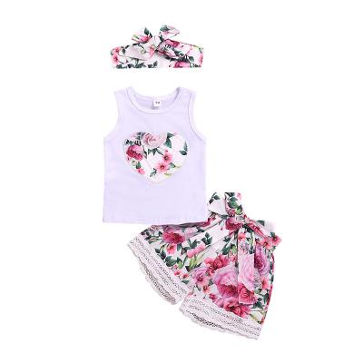 China lyc-2205 breathable summer girl pink baby clothes set flower baby clothes set sleeveless clothes set for sale