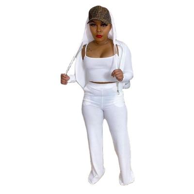 China Breathable Hot Selling White Hooded Women's Casual Zipper Pocket Suit 3 Piece Set for sale