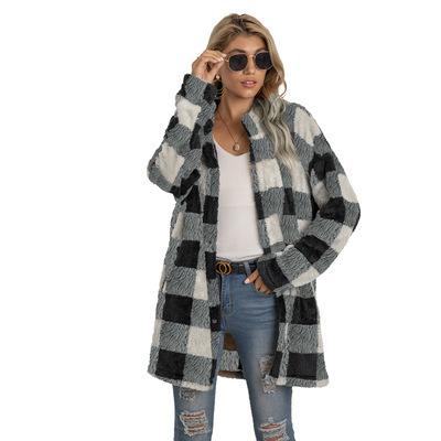 China Viable Fashion Brown Ditch Plaid Flannel Shirt Print Woolen Thick Winter Class Casual Women's Long Coat for sale