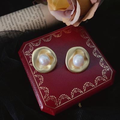 China Wholesale Environmental Friendly Vintage Pearl S925 Silver Needle Earrings Matte Gold French Light Luxury Baroque Earrings For Women for sale