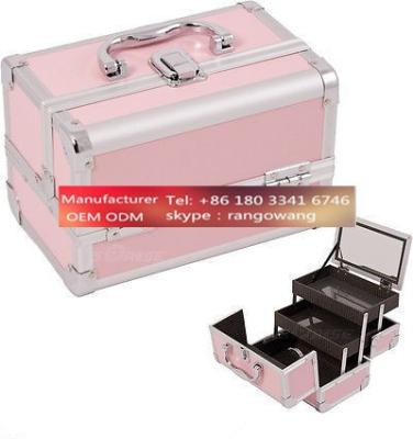 China Makeup Train Case Cosmetic Organizer Mirror 3 Trays PINK Aluminum Jewelry Box for sale