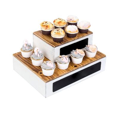 China Sustainable Rustic Wood Crate Style Cupcake/Dessert Riser Rack Holders with Chalkboard Labels, Wooden Display Risers, Set of 2 for sale