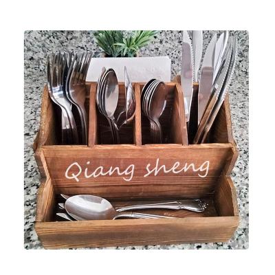 China Viable Vintage Cutlery Cart Wooden Kitchen Cutlery Utensil Rack Wooden Silverware Condiment Organizer for sale