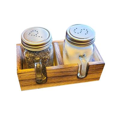 China Farmhouse Wooden Salt and Pepper Viable Mason Jar Caddy Tray Shaker Holder Box Kitchen Table for sale