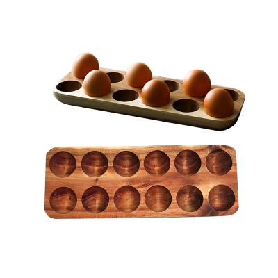 China Europe Acacia Wooden Fresh Egg Holder 12 Holes Wooden Egg Organizer Tray For Kitchen Fridge for sale